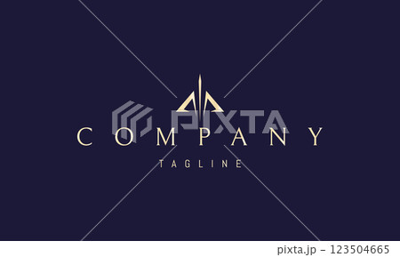 Vector golden logo with an abstract image of a bow and arrow in the form of the letter M. 123504665