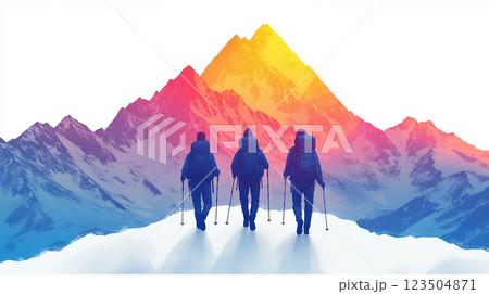 カラフルな山々を目指す3人のハイカー 123504871