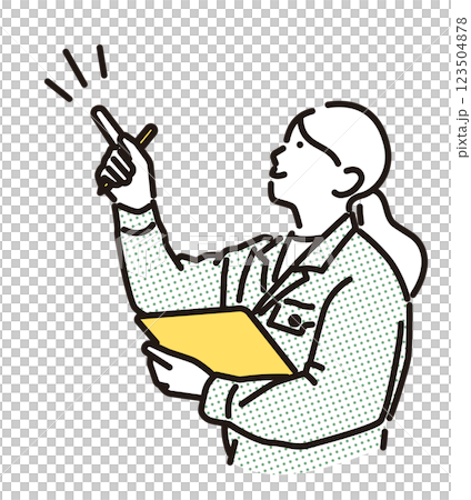 簡單的例子:一個穿著工作服的女人指著並檢查 簡單的例子:一個穿著工作服的女人指著並檢查 123504878