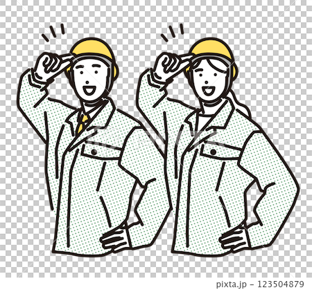 Simple illustration: Men and women in work clothes greeting each other with enthusiasm 123504879