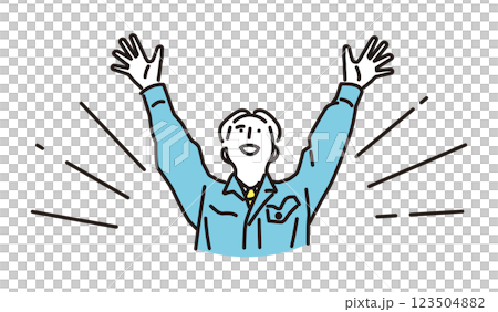 シンプル イラスト 成功を喜んでバンザイする作業着の男性 シンプル イラスト 成功を喜んでバンザイする作業着の男性 123504882