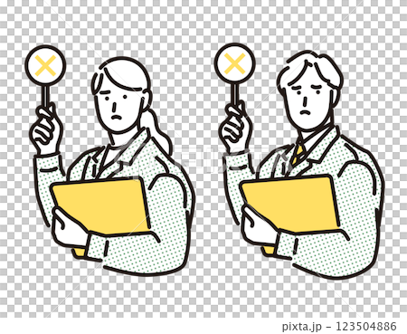 シンプル　イラスト　質問に答える作業服の男女 123504886