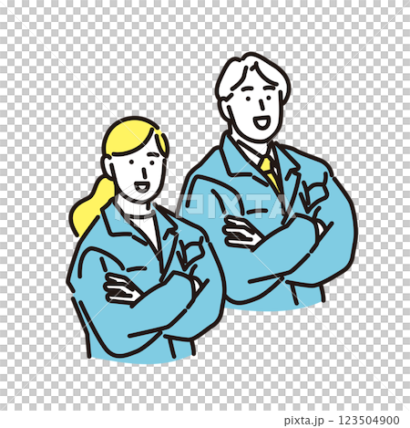 シンプル　イラスト　腕組みをする笑顔の作業着の男女 123504900