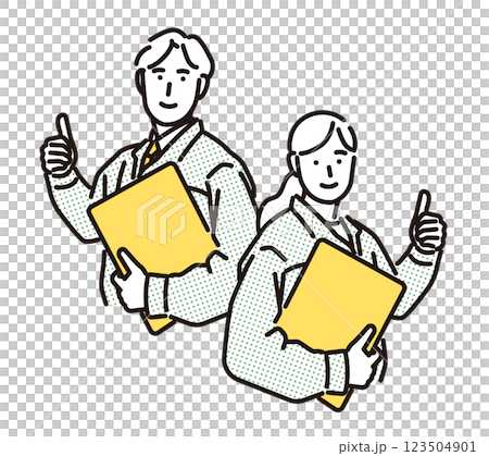 簡單圖示:穿著工作服的男人和女人給了一個好兆頭 簡單圖示:穿著工作服的男人和女人給了一個好兆頭 123504901