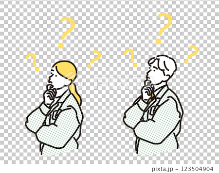 Simple illustration: A man and a woman in work clothes looking up and showing question marks Simple illustration: A man and a woman in work clothes looking up and showing question marks 123504904