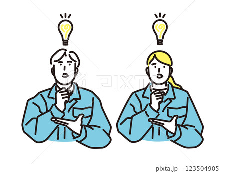 シンプル　イラスト　よいアイディアを思いついた作業着の男女 123504905