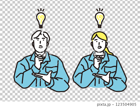 シンプル　イラスト　よいアイディアを思いついた作業着の男女 123504905