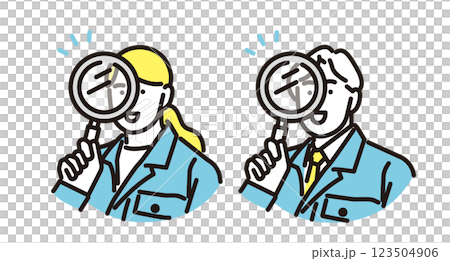 Simple illustration: Smiling man and woman in work clothes looking through a magnifying glass 123504906