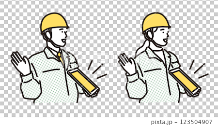 Simple illustration: Smiling man and woman in work clothes giving directions using a tablet 123504907