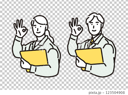 簡單的例子:穿著工作服的男人和女人面帶微笑,做出「OK」的手勢 簡單的例子:穿著工作服的男人和女人面帶微笑,做出「OK」的手勢 123504908