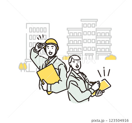 シンプル イラスト マンションの施工管理をする作業着の男女 シンプル イラスト マンションの施工管理をする作業着の男女 123504916