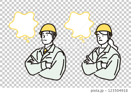 簡單的例子:一個穿著工作服的男人和一個女人,雙臂交叉,陷入沉思。 簡單的例子:一個穿著工作服的男人和一個女人,雙臂交叉,陷入沉思。 123504918