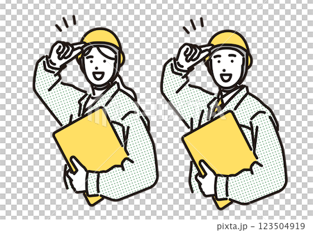 Simple illustration: Men and women in work clothes greeting each other with enthusiasm Simple illustration: Men and women in work clothes greeting each other with enthusiasm 123504919