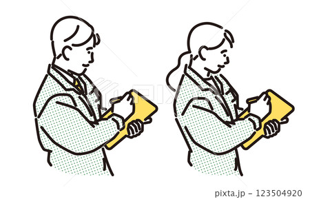 シンプル イラスト チェックシートに記入する作業服の男女 シンプル イラスト チェックシートに記入する作業服の男女 123504920