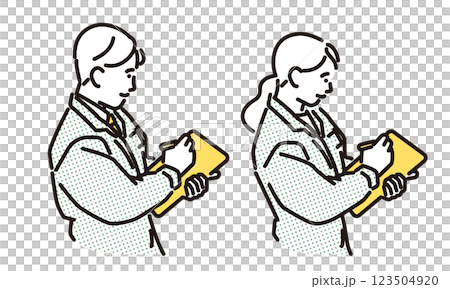 シンプル イラスト チェックシートに記入する作業服の男女 シンプル イラスト チェックシートに記入する作業服の男女 123504920