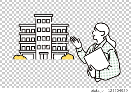 簡單的例子：一位穿著工作服的女士展示一棟已完工的公寓大樓 123504929