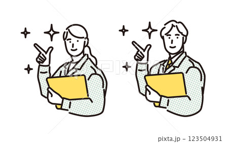 シンプル　イラスト　やる気満々で笑顔の作業着の男女 123504931