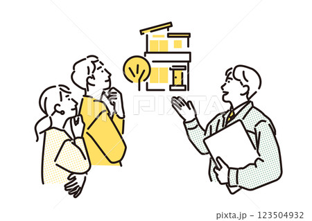 シンプル イラスト 戸建て住宅を案内する作業着の男性 シンプル イラスト 戸建て住宅を案内する作業着の男性 123504932