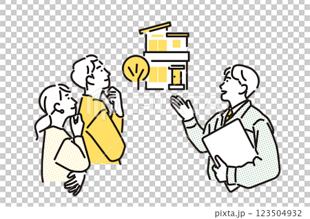 簡單的例子：一個穿著工作服的男人展示一棟獨立式住宅 123504932