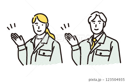 シンプル イラスト 笑顔で案内する作業服の男女 シンプル イラスト 笑顔で案内する作業服の男女 123504935