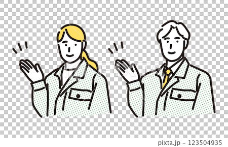 シンプル イラスト 笑顔で案内する作業服の男女 シンプル イラスト 笑顔で案内する作業服の男女 123504935