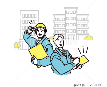 シンプル　イラスト　マンションの施工管理をする作業着の男女 123504936
