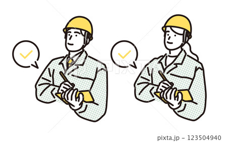 シンプル　イラスト　チェックシートに記入する作業服の男女 123504940