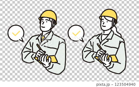 シンプル　イラスト　チェックシートに記入する作業服の男女 123504940