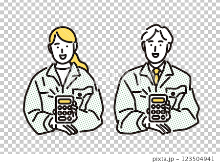 Simple illustration of a man and woman in work clothes smiling and presenting an estimate Simple illustration of a man and woman in work clothes smiling and presenting an estimate 123504941