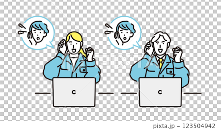 Simple illustration: Men and women in work clothes smilingly answering questions about problems 123504942