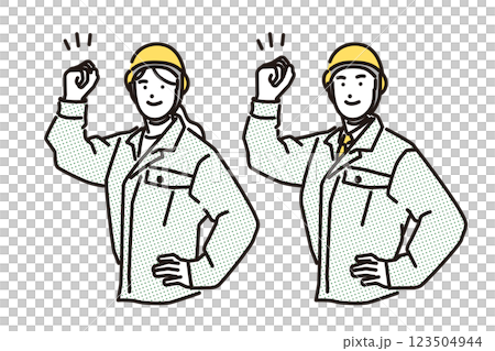 シンプル イラスト やる気に満ち溢れるヘルメットを被った作業服の男女 シンプル イラスト やる気に満ち溢れるヘルメットを被った作業服の男女 123504944