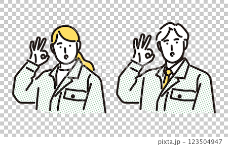 Simple illustration of a man and woman in work clothes giving an OK sign Simple illustration of a man and woman in work clothes giving an OK sign 123504947