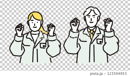 簡單描繪了一位身著工作服的男士和一位女士面帶微笑、充滿熱情 簡單描繪了一位身著工作服的男士和一位女士面帶微笑、充滿熱情 123504953