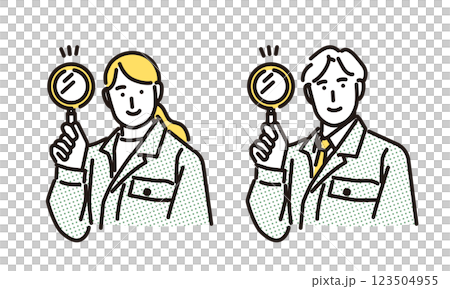 シンプル　イラスト　虫メガネを持つ笑顔の作業服の男女 123504955