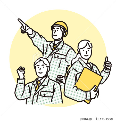 シンプル　イラスト　チームワーク抜群の笑顔の作業着の男女 123504956