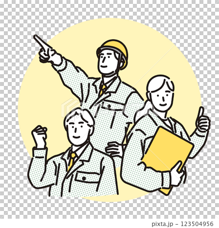 シンプル　イラスト　チームワーク抜群の笑顔の作業着の男女 123504956