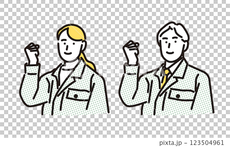 シンプル　イラスト　やる気に満ち溢れる作業服の男女 123504961