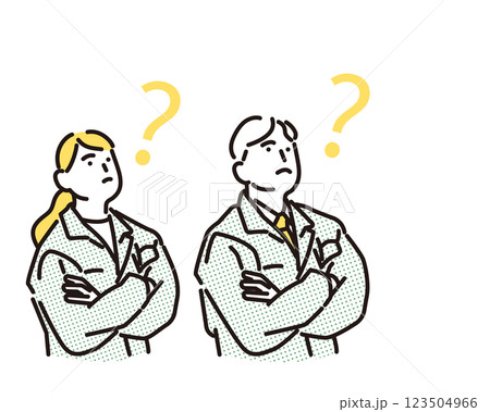 シンプル イラスト 上を見上げてハテナマークを浮かべる作業着の男女 シンプル イラスト 上を見上げてハテナマークを浮かべる作業着の男女 123504966