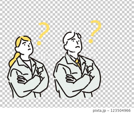 シンプル イラスト 上を見上げてハテナマークを浮かべる作業着の男女 シンプル イラスト 上を見上げてハテナマークを浮かべる作業着の男女 123504966