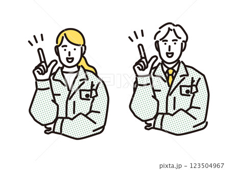 シンプル　イラスト　よいアイディアを思いついた作業服の男女 123504967