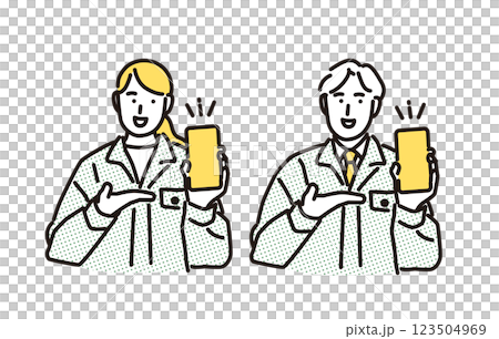 シンプル　イラスト　スマホで見積もりを提示する作業着の男女 123504969