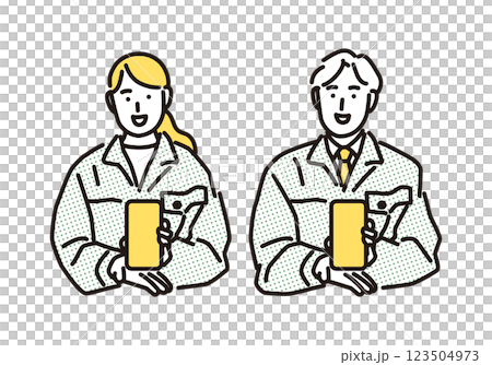 Simple illustration of a man and woman in work clothes presenting an estimate on a smartphone 123504973