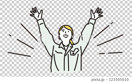 Simple illustration: A woman in work clothes cheering with joy at her success Simple illustration: A woman in work clothes cheering with joy at her success 123505010