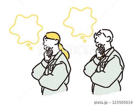 シンプル　イラスト　腕組みして考え込む作業着の男女 123505019