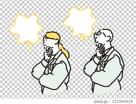 Simple illustration: Man and woman in work clothes with arms folded and deep in thought Simple illustration: Man and woman in work clothes with arms folded and deep in thought 123505019