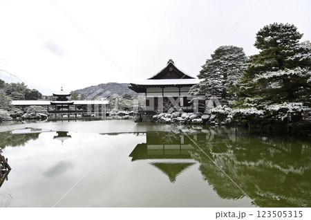東神苑の池と雪景色（平安神宮） 123505315