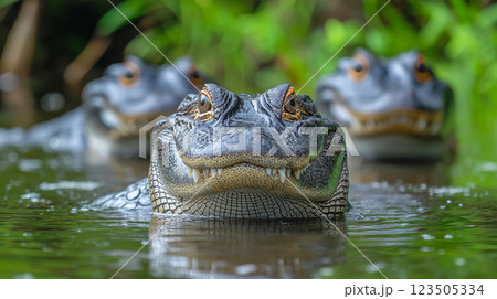 Three alligators swim closely together in a lush wetland during the day 123505334