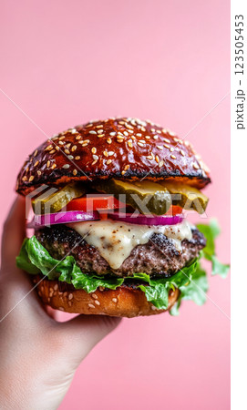 Juicy Cheeseburger with Fresh Veggies on Pink Background 123505453