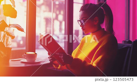 カフェで外国語の本を読む学生 123505473