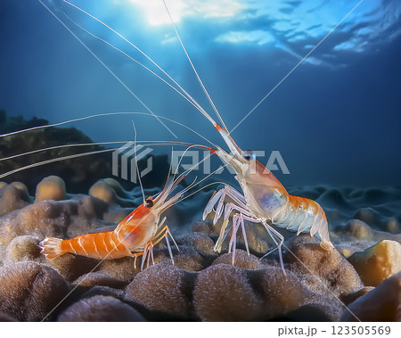 海の中を歩くエビのイメージ素材 123505569